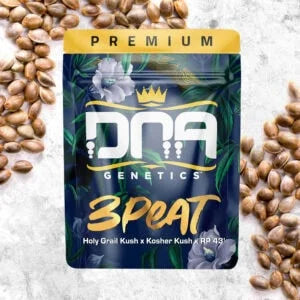 DNA Genetics 3PEAT product packaging with seeds on a textured surface