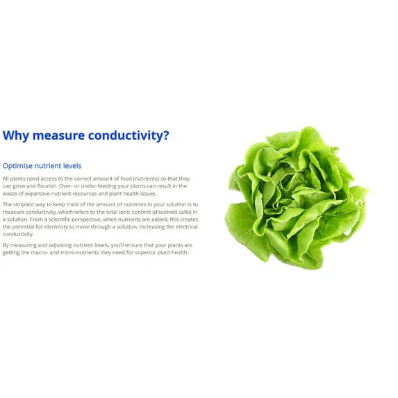 Green lettuce on a white background with text about measuring conductivity.
