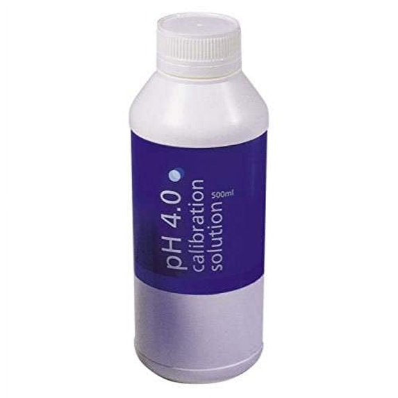 Bottle of pH 4.0 calibration solution on a white background