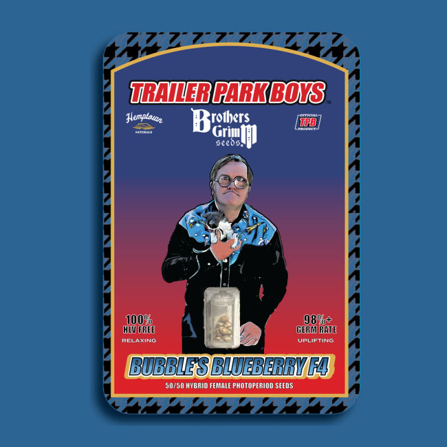 Trailer Park Boys-themed seed packet with a character holding a jar on a blue background