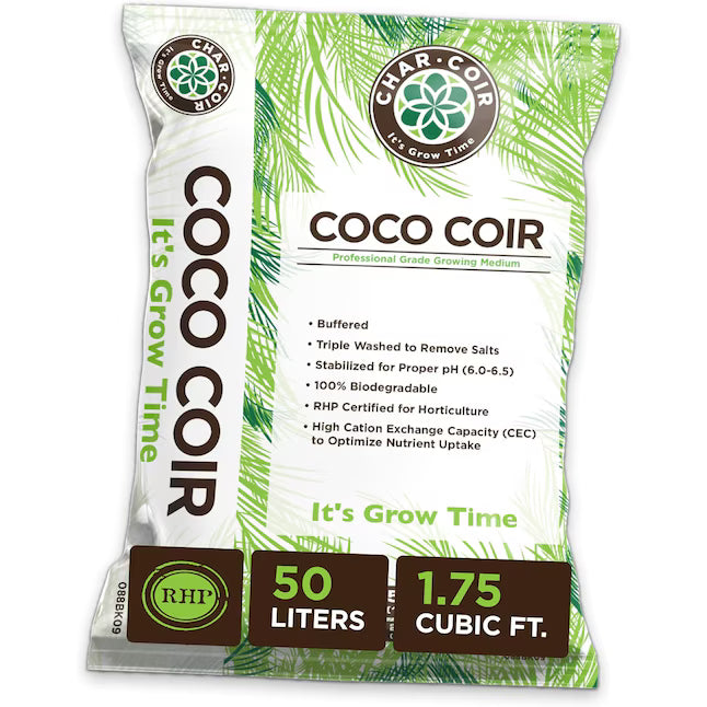 Coco coir packaging with branding and product details on a white background