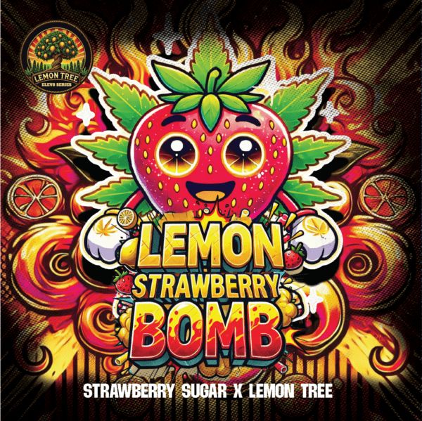 Colorful design of a strawberry with a face, surrounded by flames and fruits, featuring the text 'Lemon Strawberry Bomb' and 'Strawberry Sugar x Lemon Tree'.