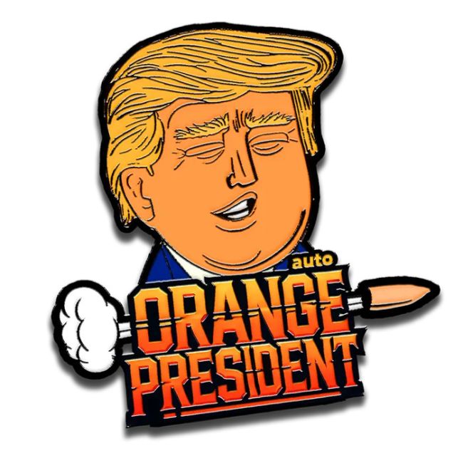 Cartoon-style depiction of a person holding a gun with 'auto Orange President' text on a white background