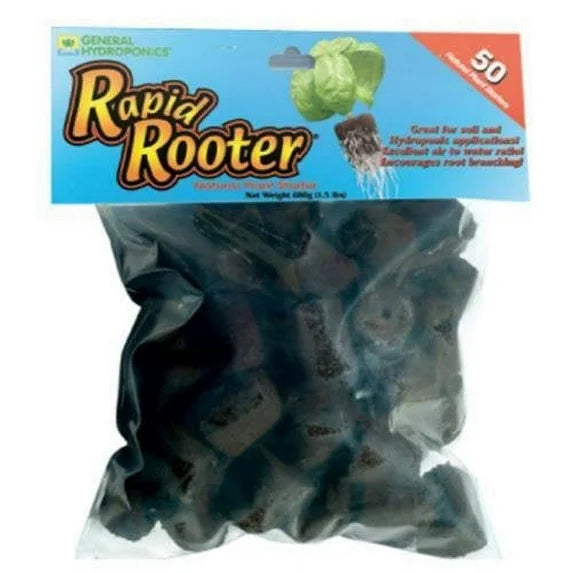 Rapid Rooter product packaging with a clear bag showing the root growth product inside.