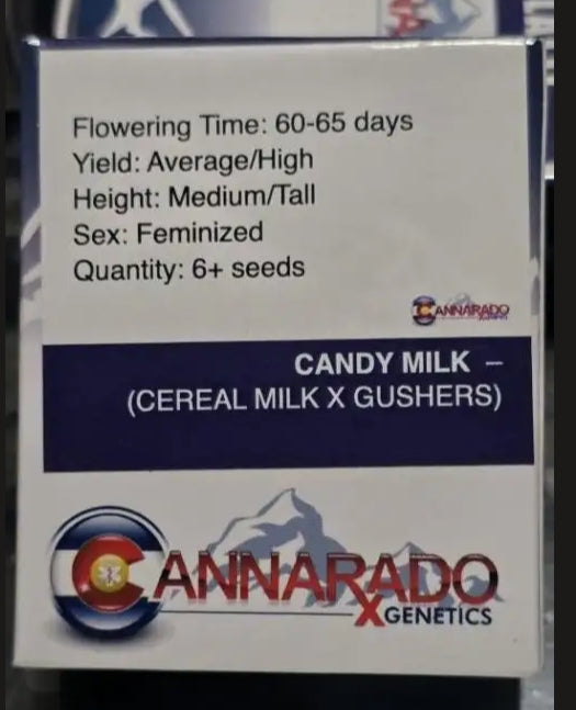 Seed packet for 'Candy Milk' cannabis strain by Annarado Genetics with product details.
