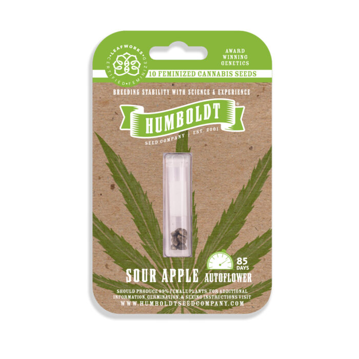 Humboldt Seed Company packaging for Sour Apple Autoflower seeds on a white background