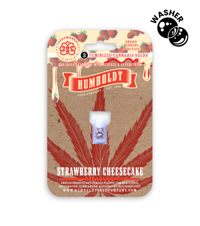 Humboldt brand strawberry cheesecake flavored cannabis seeds packaging on a white background