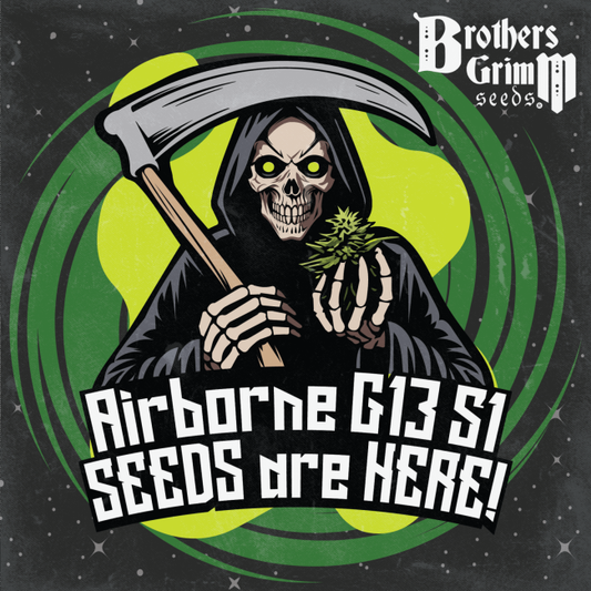 Skeletal figure holding a scythe and cannabis leaf with 'Brothers Grimm Seeds' branding.
