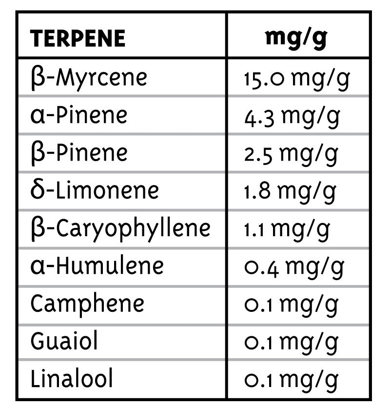Table of terpene concentrations in mg/g on a white background