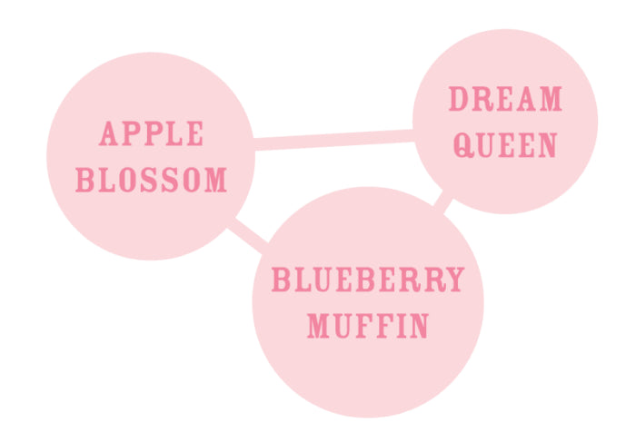 Three pink circles with text 'Apple Blossom', 'Dream Queen', and 'Blueberry Muffin' on a white background.
