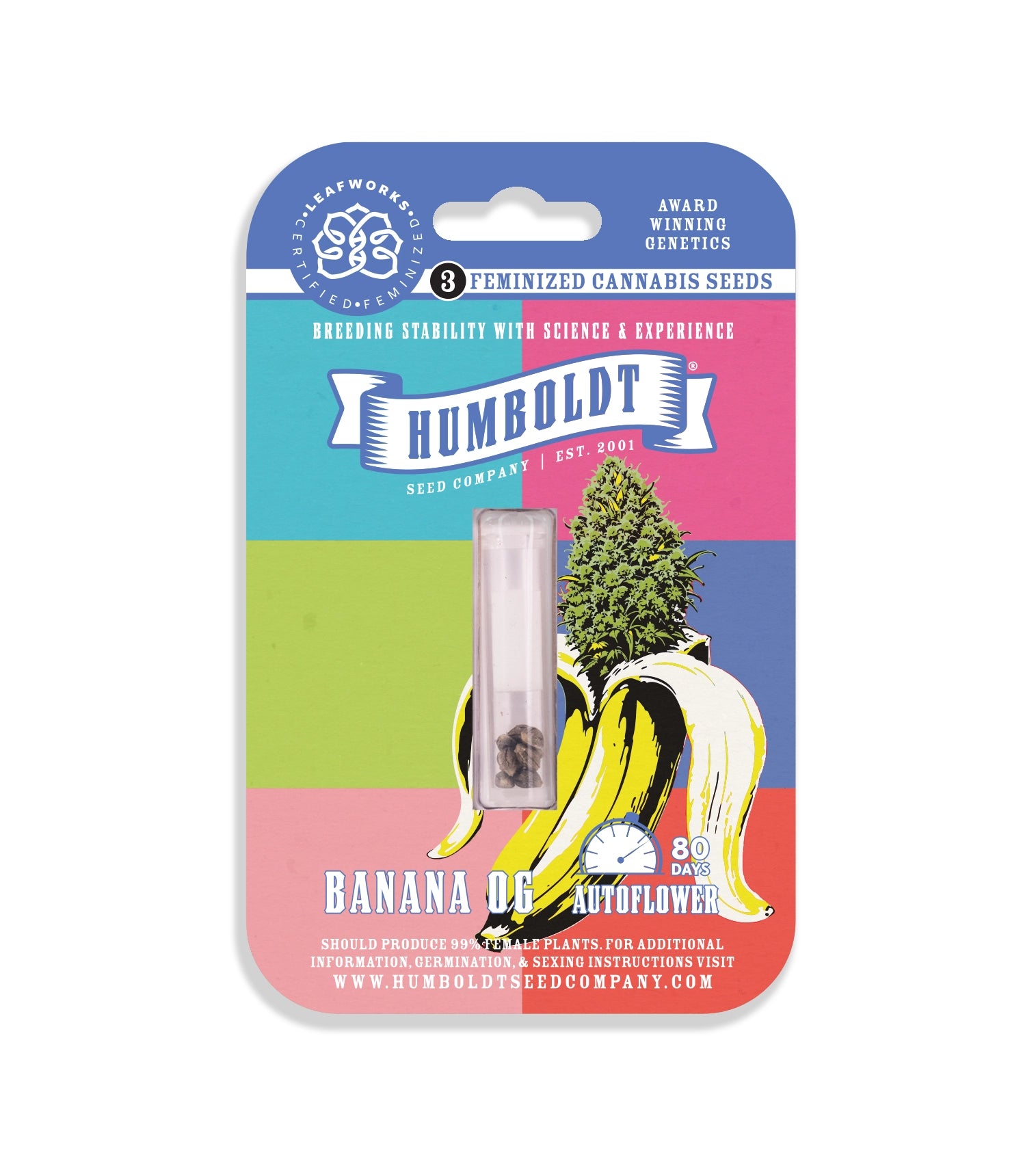 Humboldt Seeds packaging with a banana and cannabis plant illustration on a white background