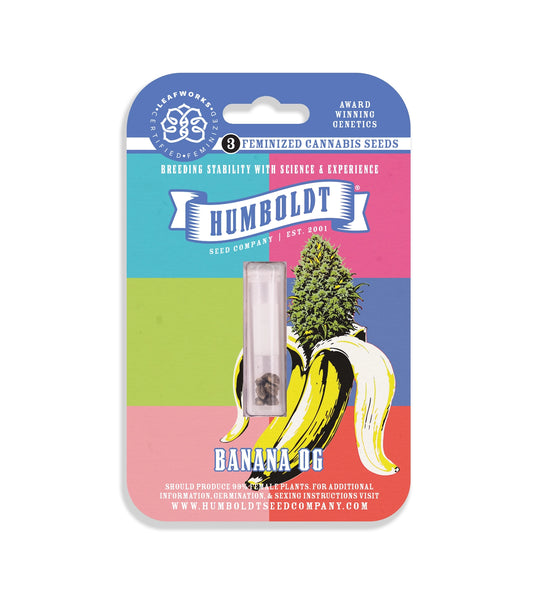 Humboldt Seed Company packaging with a banana and cannabis plant illustration on a white background