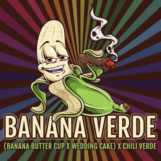 Cartoon banana character holding a wedding cake with text 'Banana Verde' on a colorful background