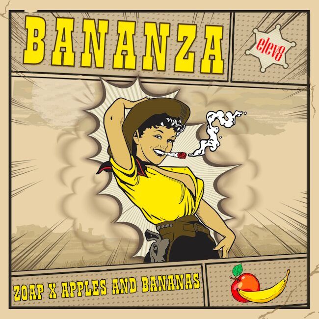 Vintage-style album cover with a character smoking, text 'BANANZA', and graphics of apples and bananas.