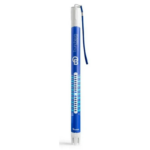 Blue and white electronic device with a strap on a white background