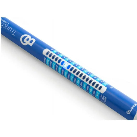 Blue golf club shaft with branding on a white background