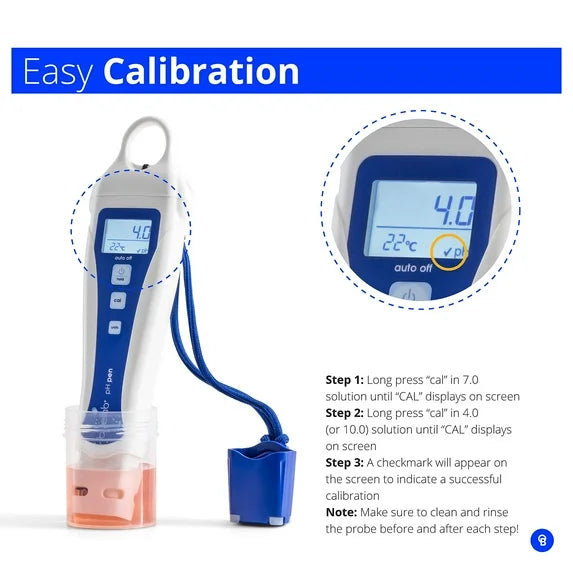 Digital pH meter with calibration instructions on a white background