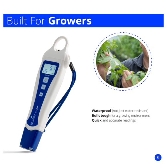 Digital device for measuring plant conditions with text 'Built For Growers' on a white background.