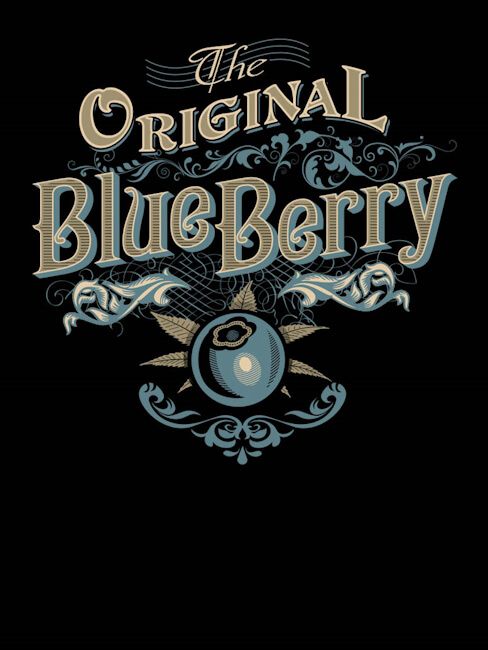 The Original Blue Berry graphic design on a black background, featuring ornate vintage-style lettering in beige and blue, decorative flourishes, and a blue berry illustration at the center.