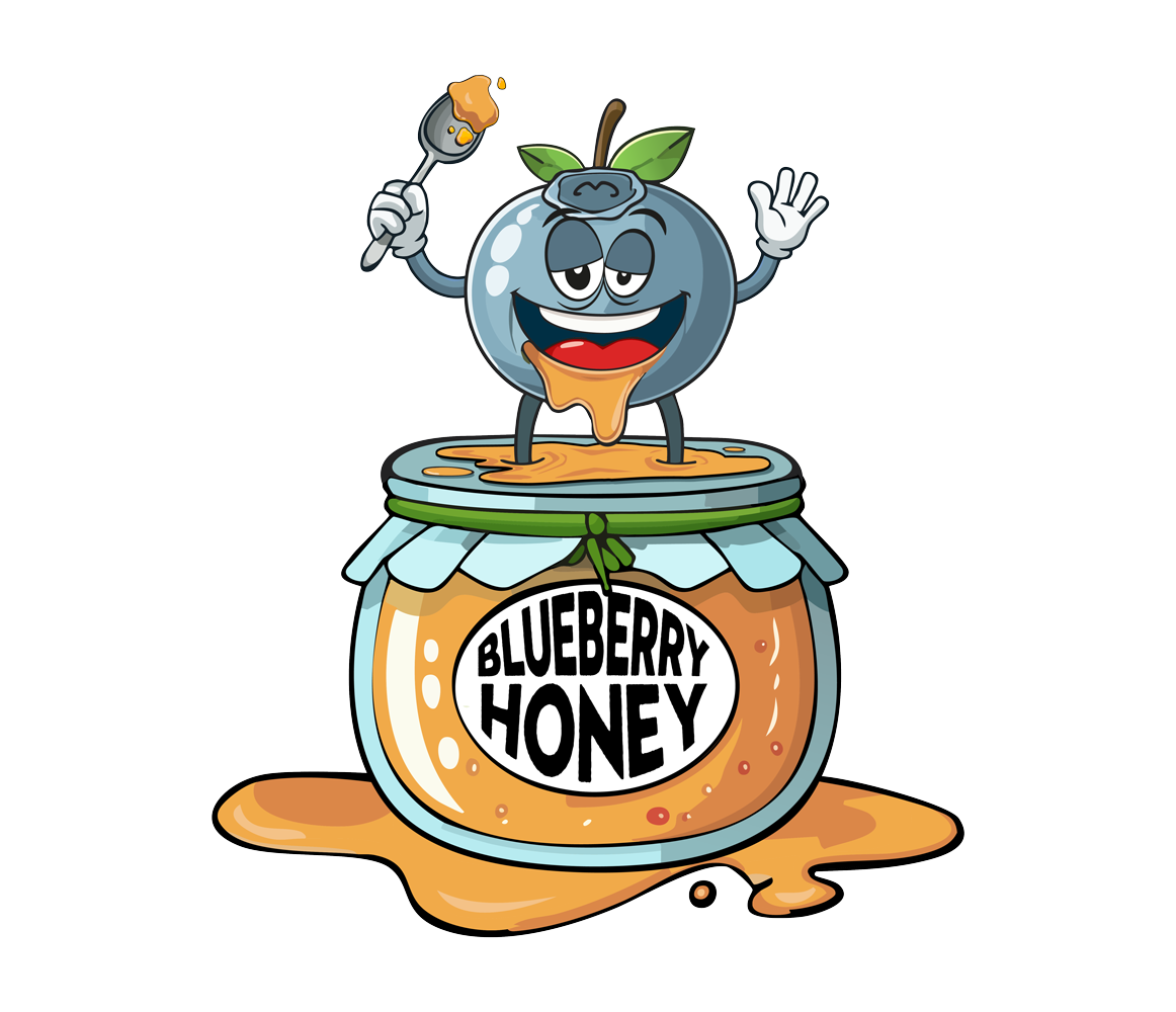 Cartoon blueberry character on a jar of blueberry honey with a spoonful of honey.