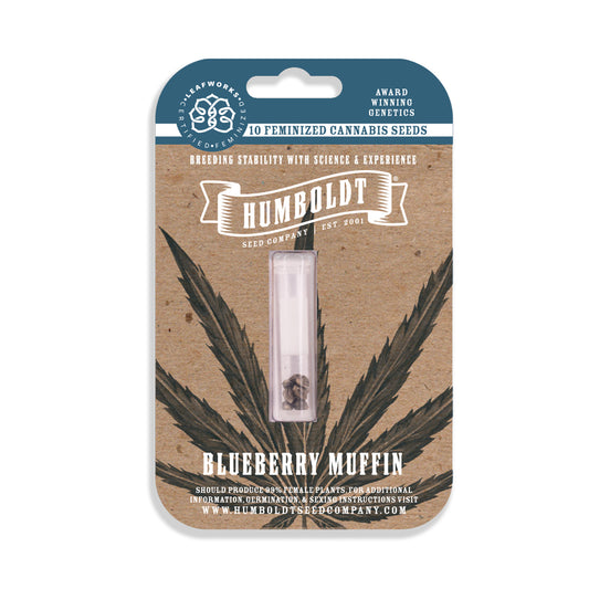 Humboldt Seed Company packaging with cannabis seeds and leaf design on a white background