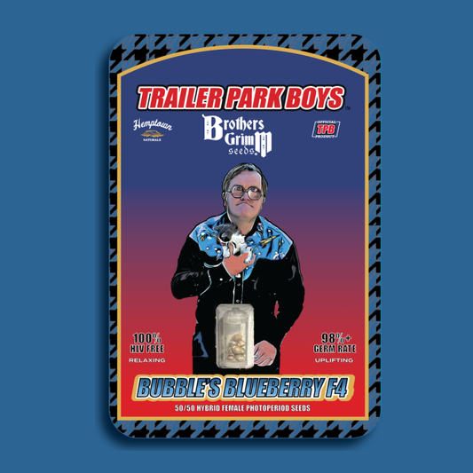 Trailer Park Boys-themed seed packet with a character holding a jar on a blue background