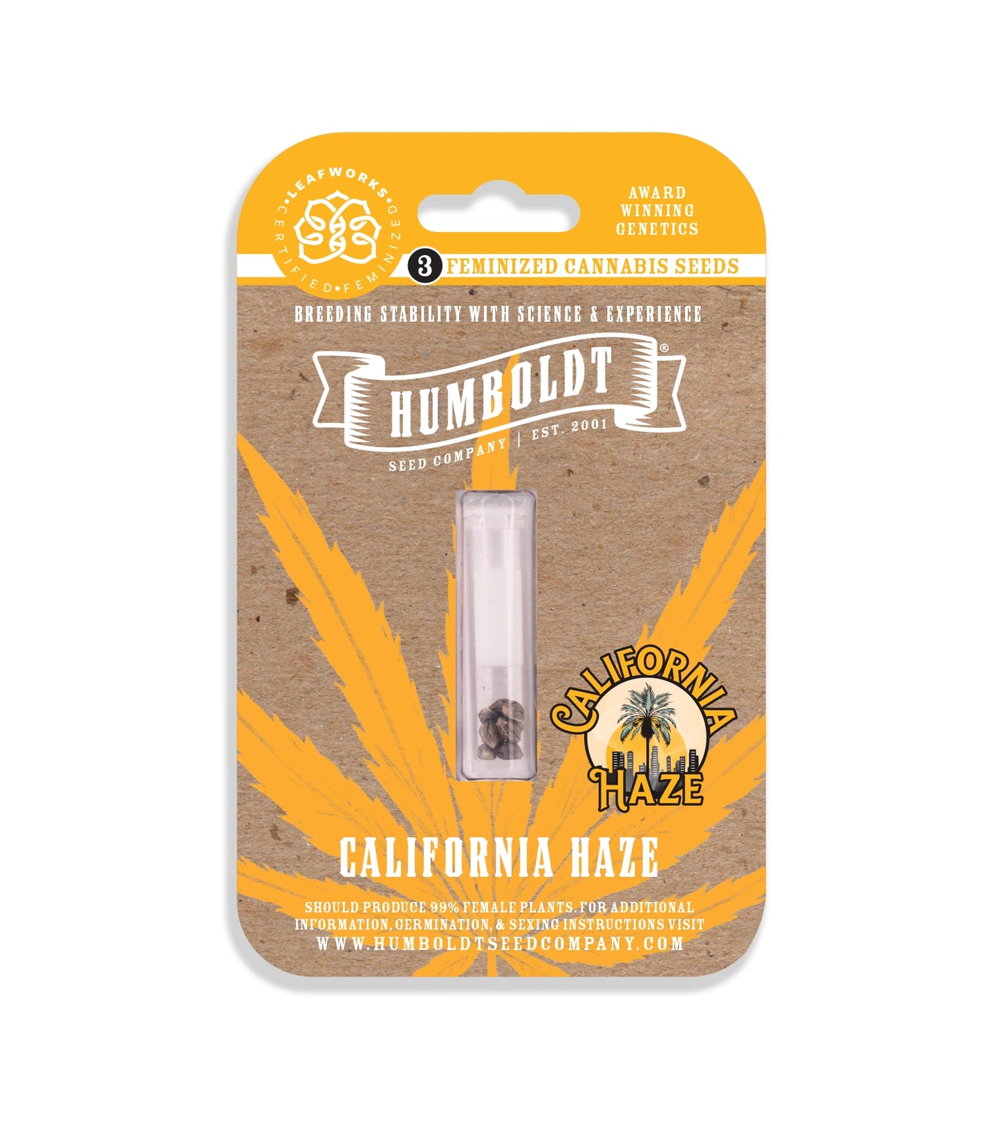 Humboldt Seed Company packaging for California Haze cannabis seeds on a white background