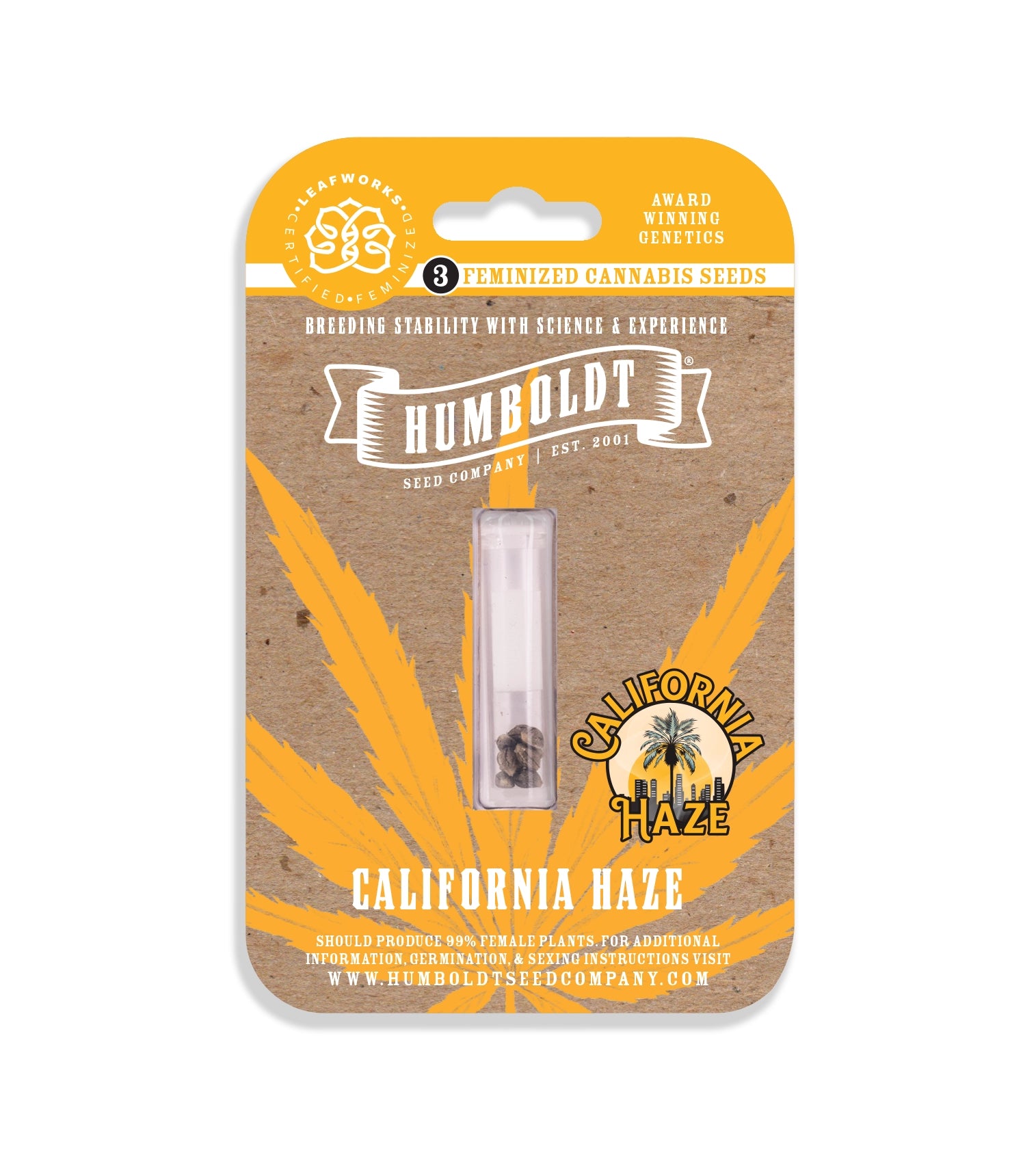 Humboldt Seed Company packaging for California Haze cannabis seeds on a white background