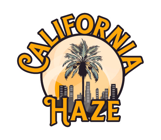 Logo with 'California Haze' text, palm tree, and city skyline on a white background