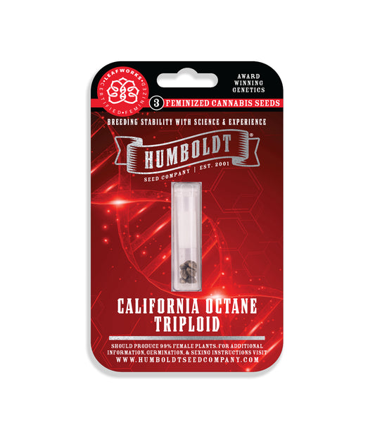 Humboldt Seed Company packaging for California Octane Triploid cannabis seeds on a white background