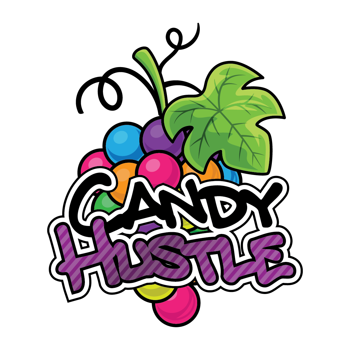 Colorful logo with the text 'Candy Hustle' featuring candy-like graphics on a white background.