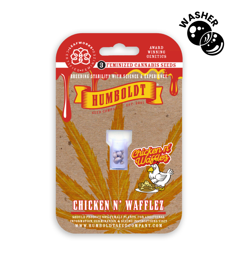 Humboldt Seeds packaging for 'Chicken N' Wafflez' with branding elements.