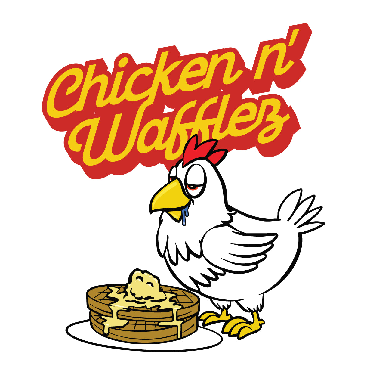 Cartoon chicken with waffle and 'Chicken n' Waffles' text on a white background