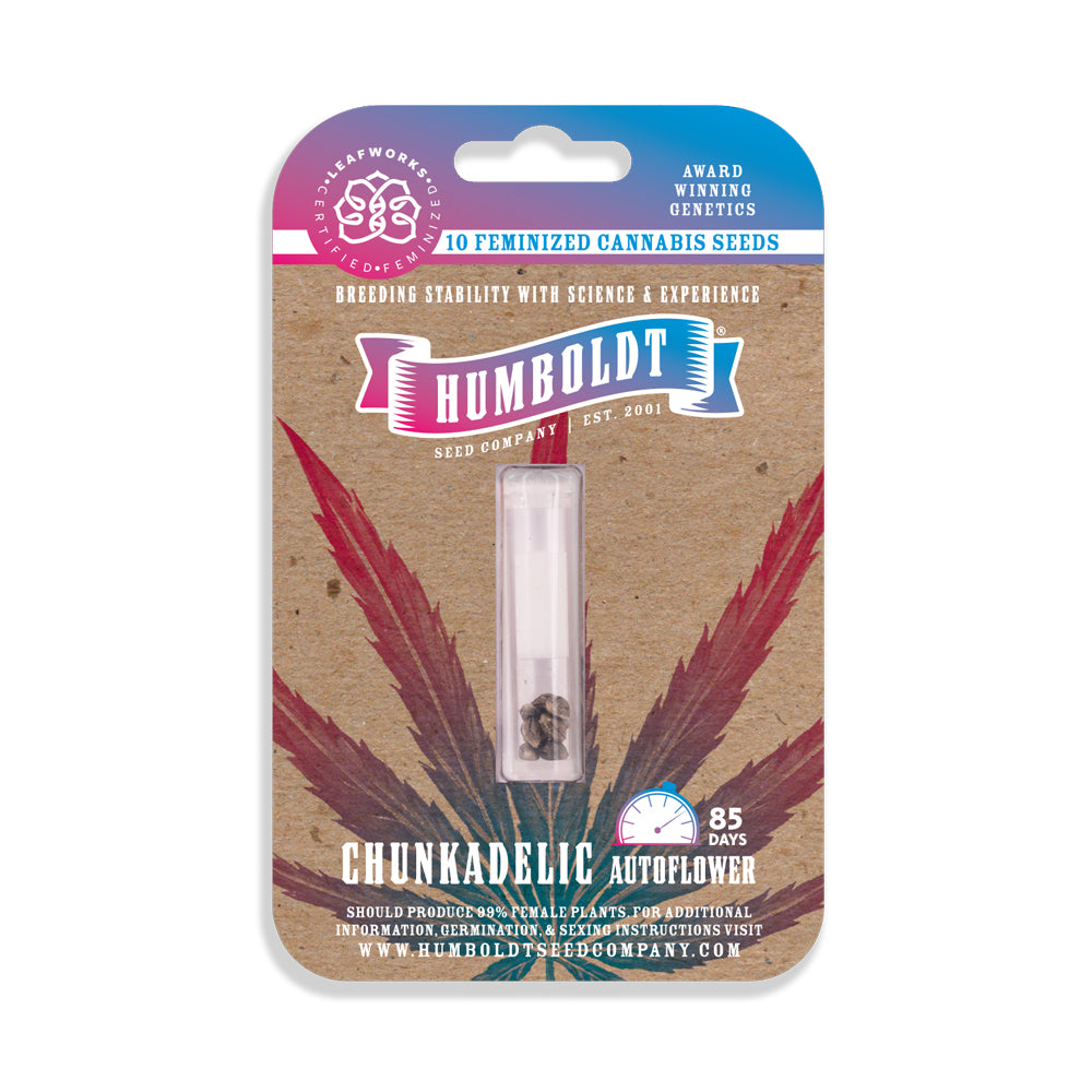 Humboldt Seed Seeds packaging with a cannabis seed on a white background