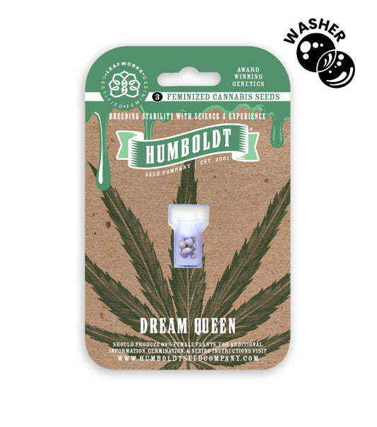 Humboldt Seed Company packaging for Dream Queen cannabis seeds with a leaf design.