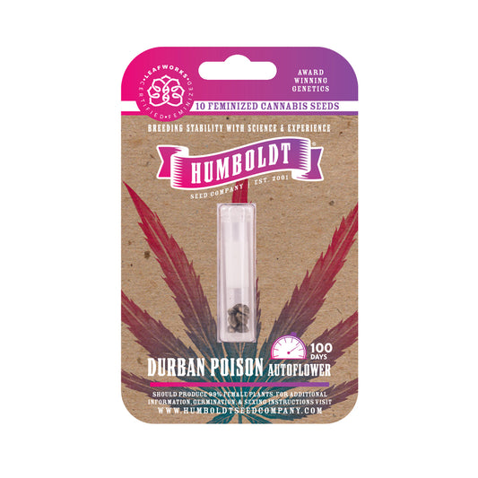 Humboldt Seed Company packaging for Durban Poison Autoflower seeds on a white background