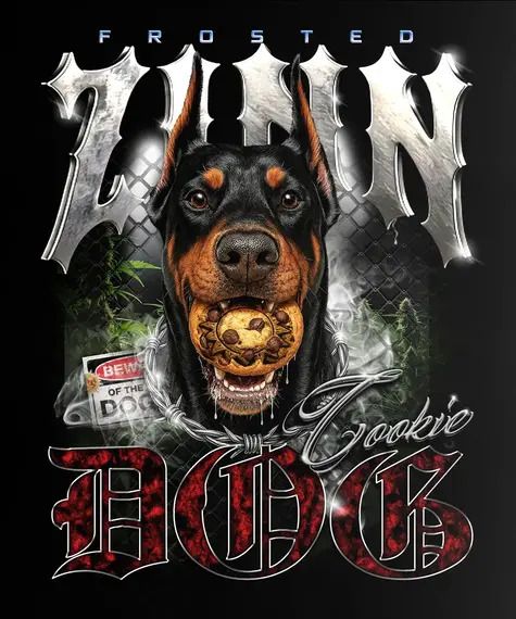 Dog with text and graphics on a black background