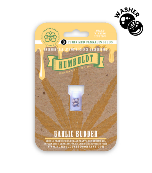 Humboldt Seed Company packaging for Garlic Budder cannabis seeds with a yellow and brown design.