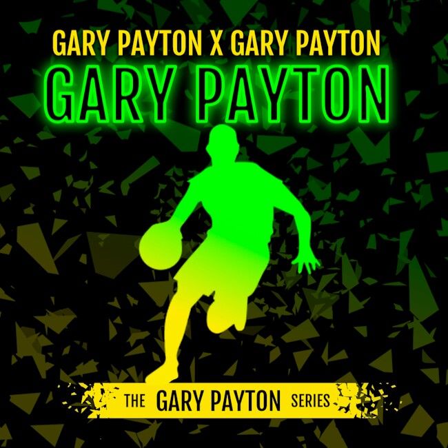 Silhouette of a basketball player holding a ball with 'Gary Payton' branding on a green and black background.