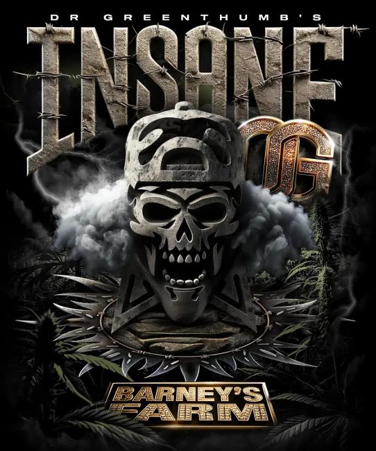 Promotional graphic for Dr. Greenthumbs Insane 87 with a skull design and text overlay.