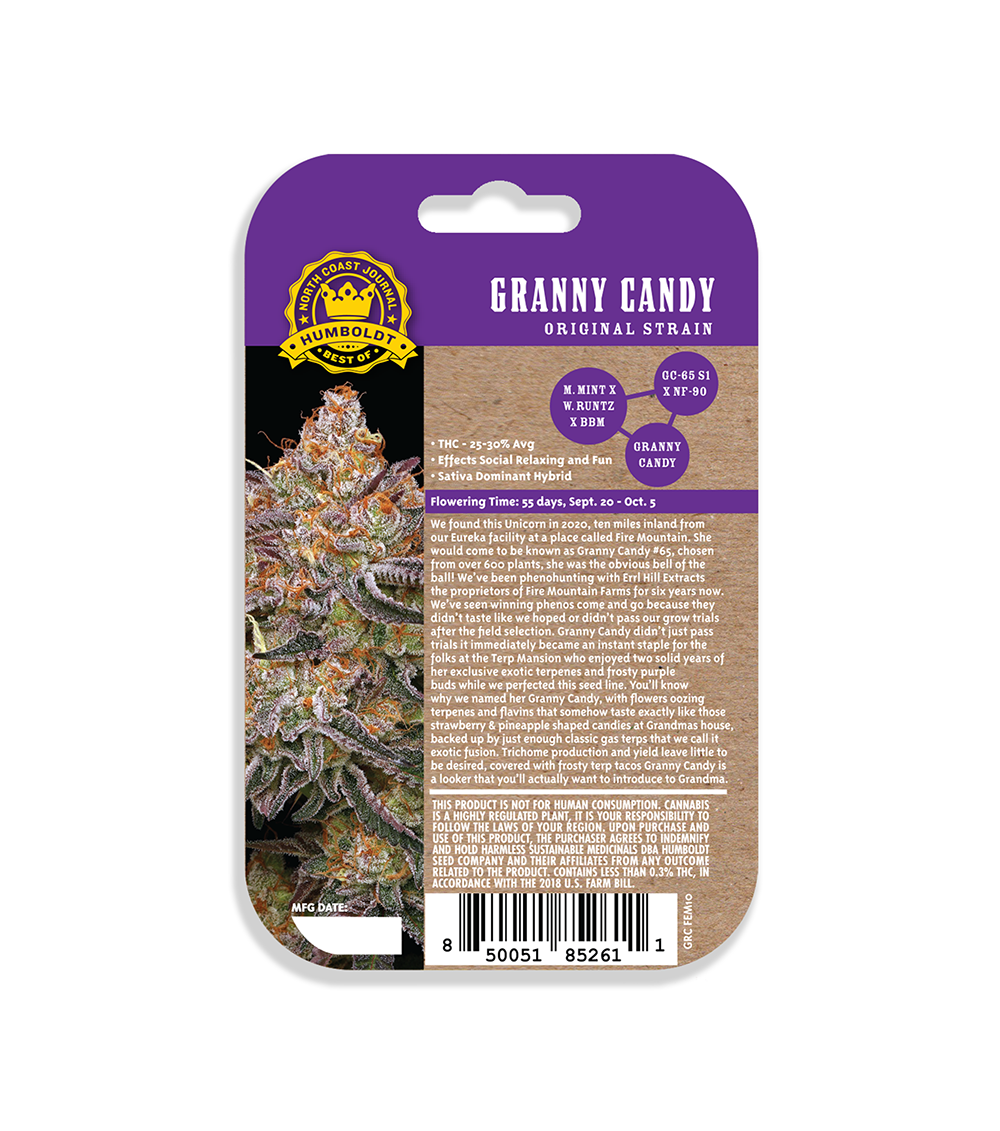Hemp product packaging with purple label featuring 'Granny Candy' branding on a white background.