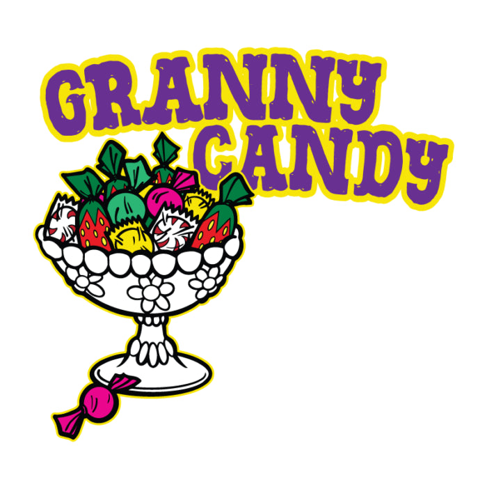 Logo with colorful candy and 'GRANNY CANDY' text on a white background