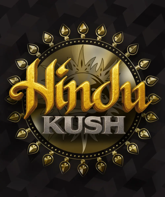 Gold and black logo with 'Hindu Kush' text on a dark background