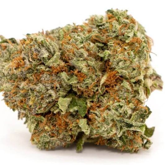 Close-up of a cannabis bud with orange trichomes on a white background