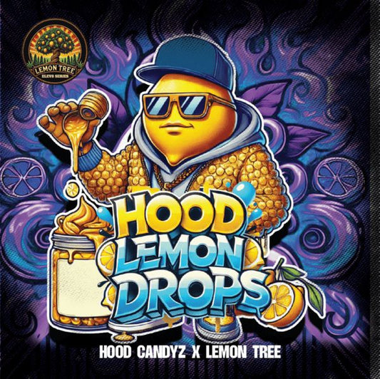 Hood Lemon Drops product packaging with a stylized character and colorful design.