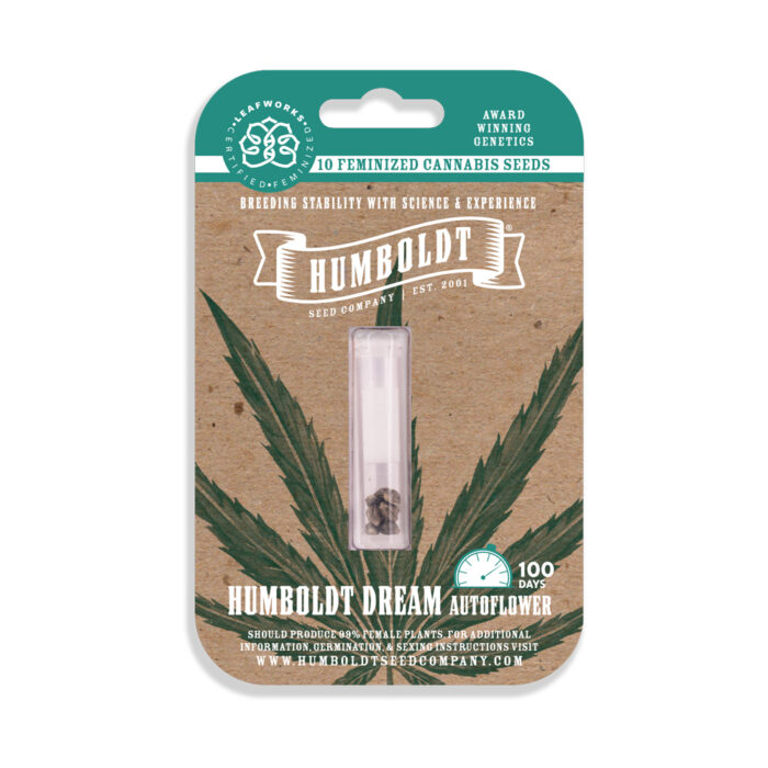Humboldt Dream cannabis seed package with branding and product details.