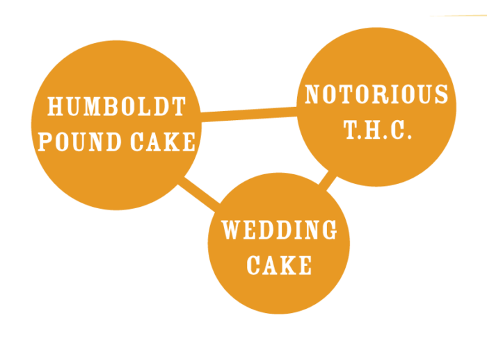 Three orange circles with text 'Humboldt Pound Cake', 'Notorious T.H.C.', and 'Wedding Cake' on a white background.