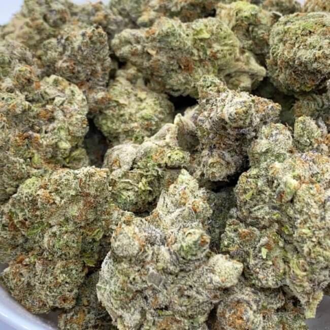 Close-up of green cannabis buds with a white background