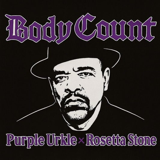 Album cover for 'Purple Urkle x Rosetta Stone' by Body Count with a black and white portrait of a man wearing a hat.