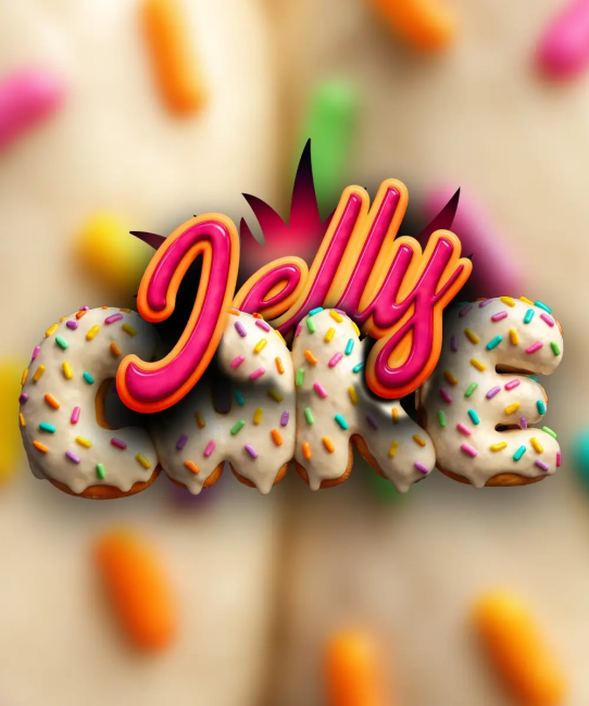 Colorful text 'Jelly Donuts' with donut shapes and sprinkles on a blurred background.